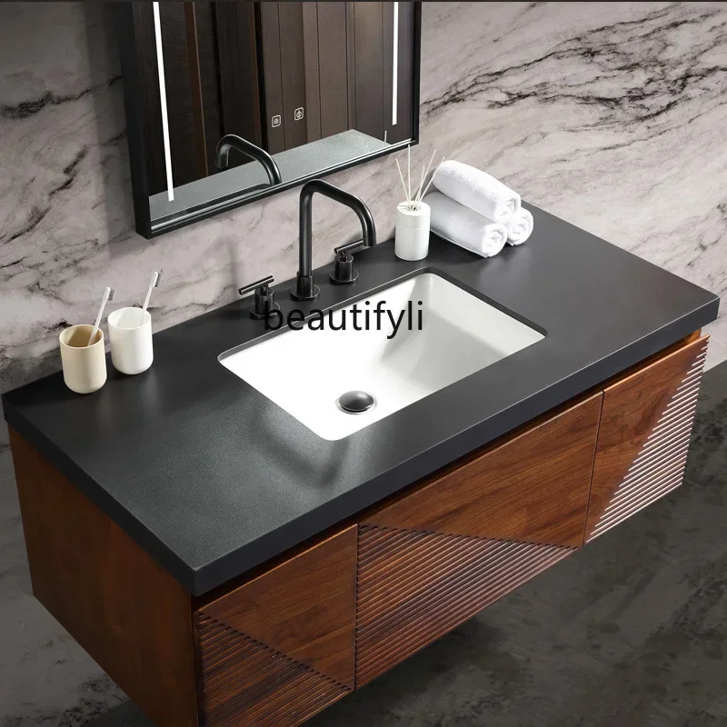 G8578 Black Walnut Log Bathroom Cabinet New Chinese Style Washbasin Wash Basin Cabinet Combination High-End Stone Plate Table To