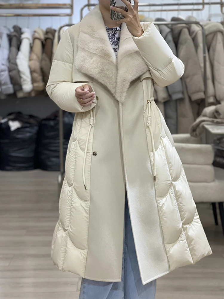 2024 Winter Fashion Women Long Coats Filling White Goose Down Jacket Natural Real Mink Fur Collar Luxury Thick Warm Jacket