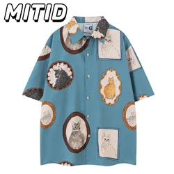 Japanese Style Cartoon Cat Printed Summer Retro Shirt Men Casual Loose Half Sleeve Mens Shirts Blouses Oversized Shirt Women