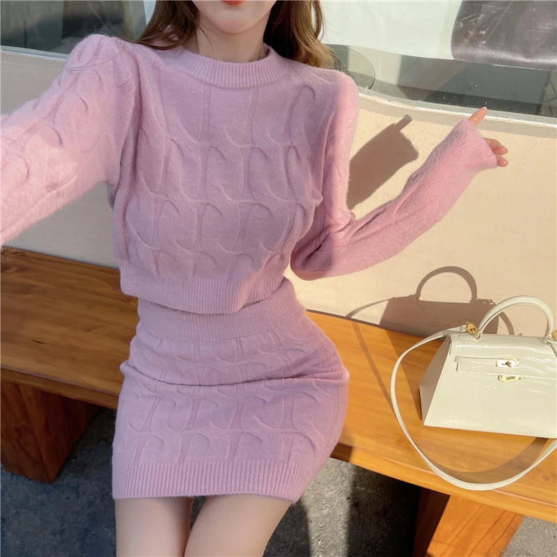 Elegant Fall Winter Knitted 2 Piece Set Chic Women Sexy O Neck Sweater Crop Top + Bodycon Mini Skirt Korean Suit