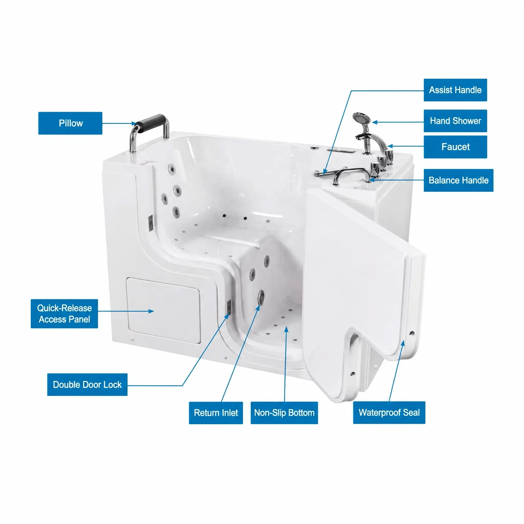 Open Door Walk-In Bathtub Barrier-Free Side-Open Door Whirlpool Seated Acrylic Massage Bathtub For Seniors Bathroom Tub