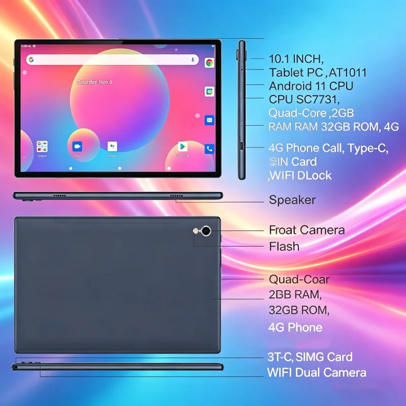 10.1 INCH Android 11 AT1011 Dual Camera Type-C USB WIFI 1280 X 800 IPS Screen 2GB RAM 32GB ROM Phone Call Tablet PC Quad-Core