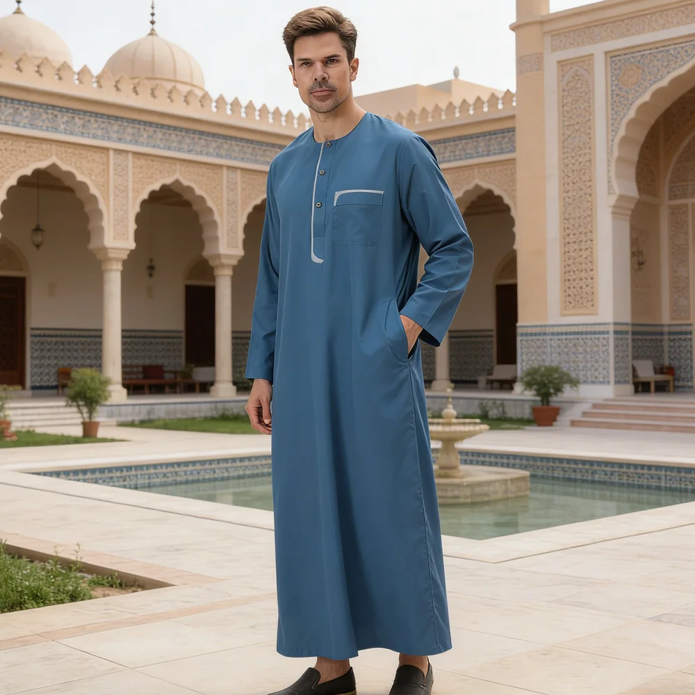 

Saudi Dubai Men Thobe Long Sleeve Islamic Robe Muslim Arabic Jubba Middle East Dress Abaya Caftan Djellaba Thawb Prayer Jubah