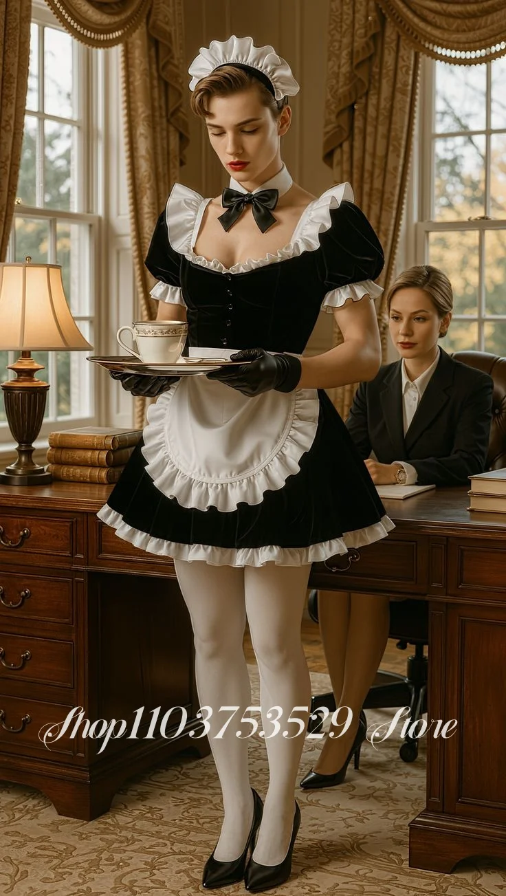 Custom Black Maid Ball Gown Lace Trim Square Neckline A Line Mini Skirt Hem Special Occasion Ball Gown Masquerade Ball Cosplay