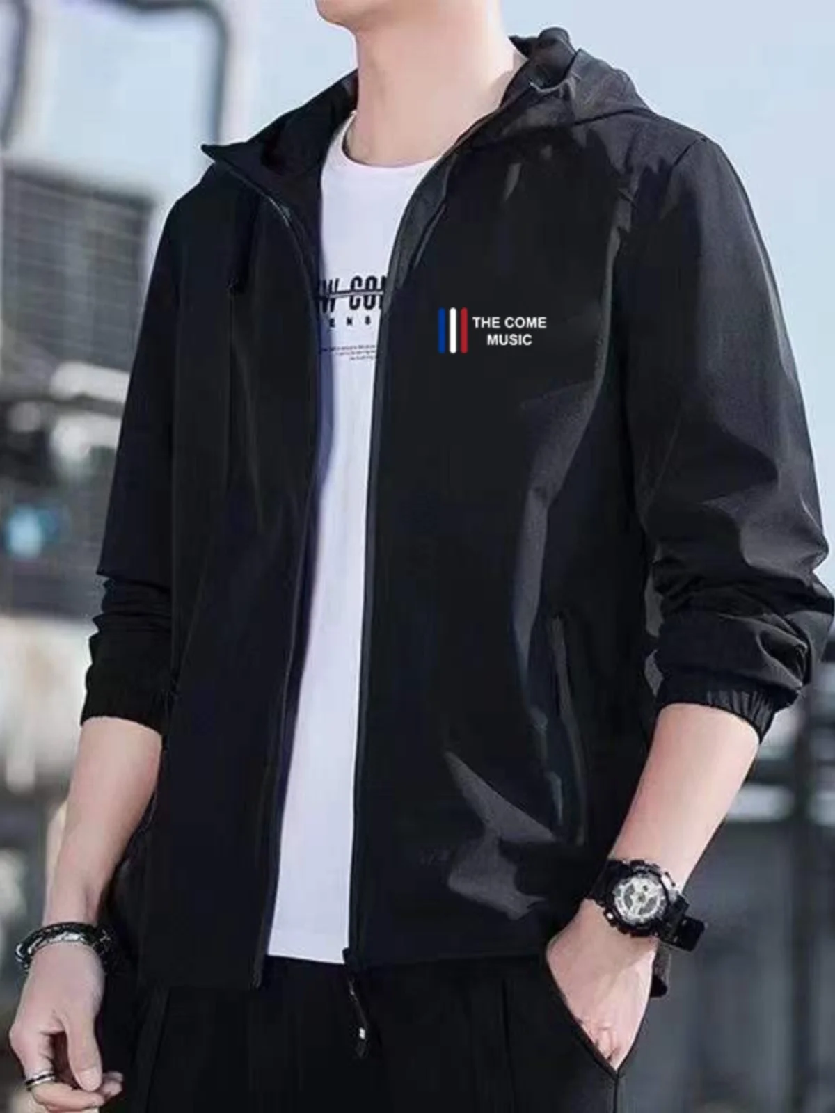 Men's Spring Autumn Thin Hooded Windproof Jacket Casual Waterproof Top Trendy Youth Workwear Style Zipper Closure Pure Color