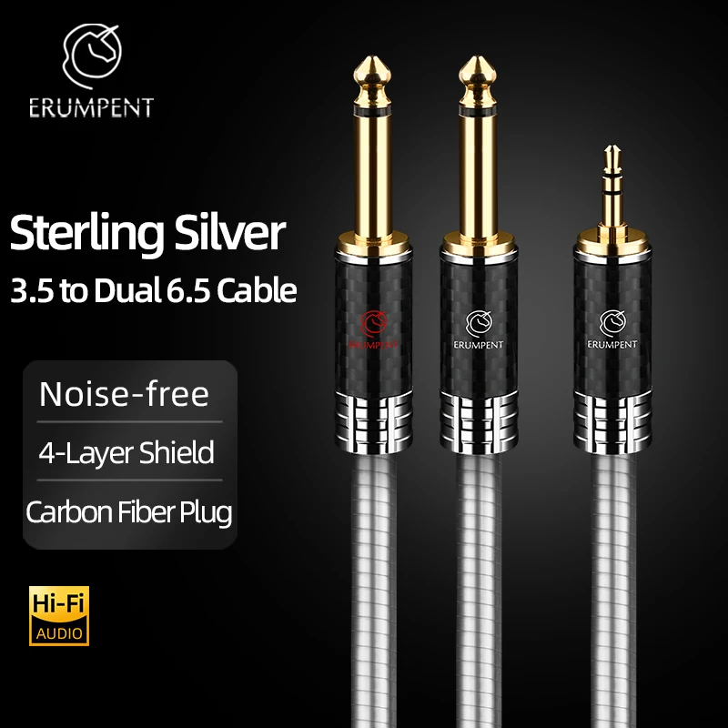 Hi-end Sterling Silver HiFi 3.5 to Dual 6.35 Cable for Mixer Amplifier 2 Mono 6.5 Jack Splitter to Stereo 3.5 Jack Audio Cable