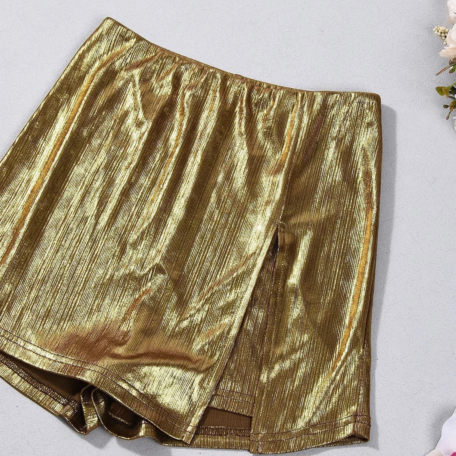 

Женские мини-шорты металлик, юбка-кюлоты, блестящие брюки-кюлоты с разрезом по бокам, эластичный пояс, шорты-кюлоты, шорты для клубных ночных прогулок