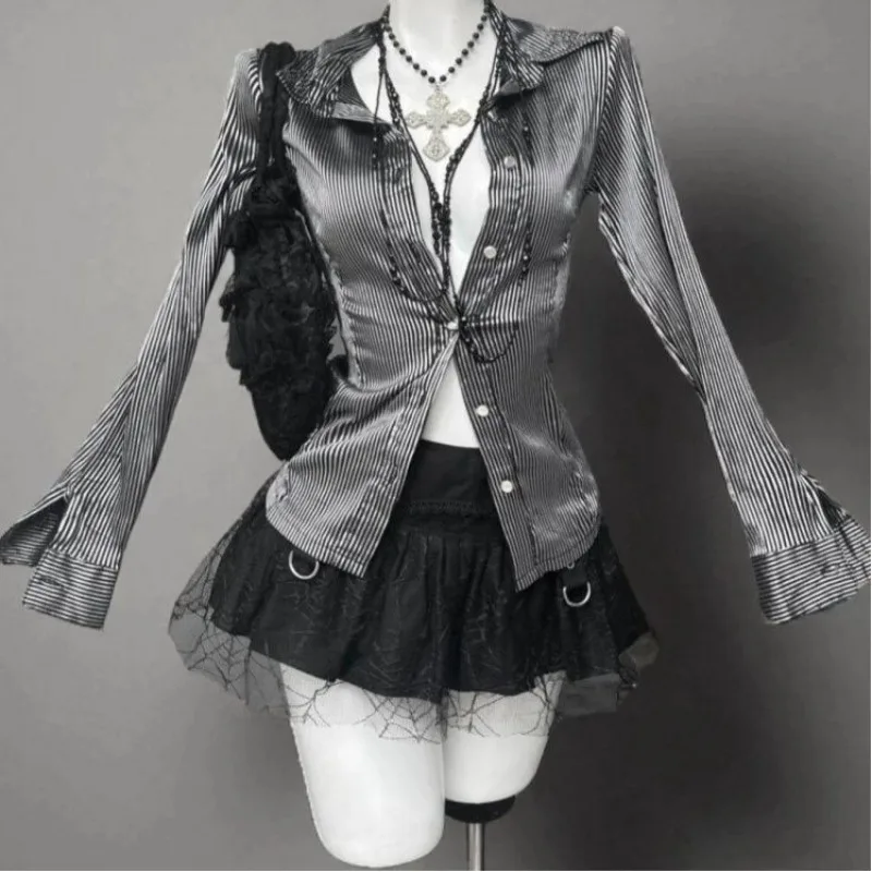 Japonês gótico vintage 2 peça conjunto blusa listrada + saia de bolo fofo nova moda escuro academia jk terno 2025 outono