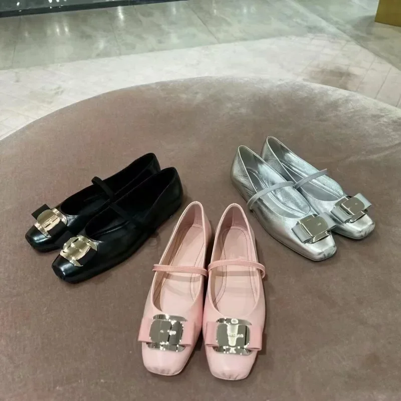 2024New Silver Ballet Shoes Women's French Square Headed Shallow Mouth Flat Bottom Straight Line with Mary Jane Single Shoes