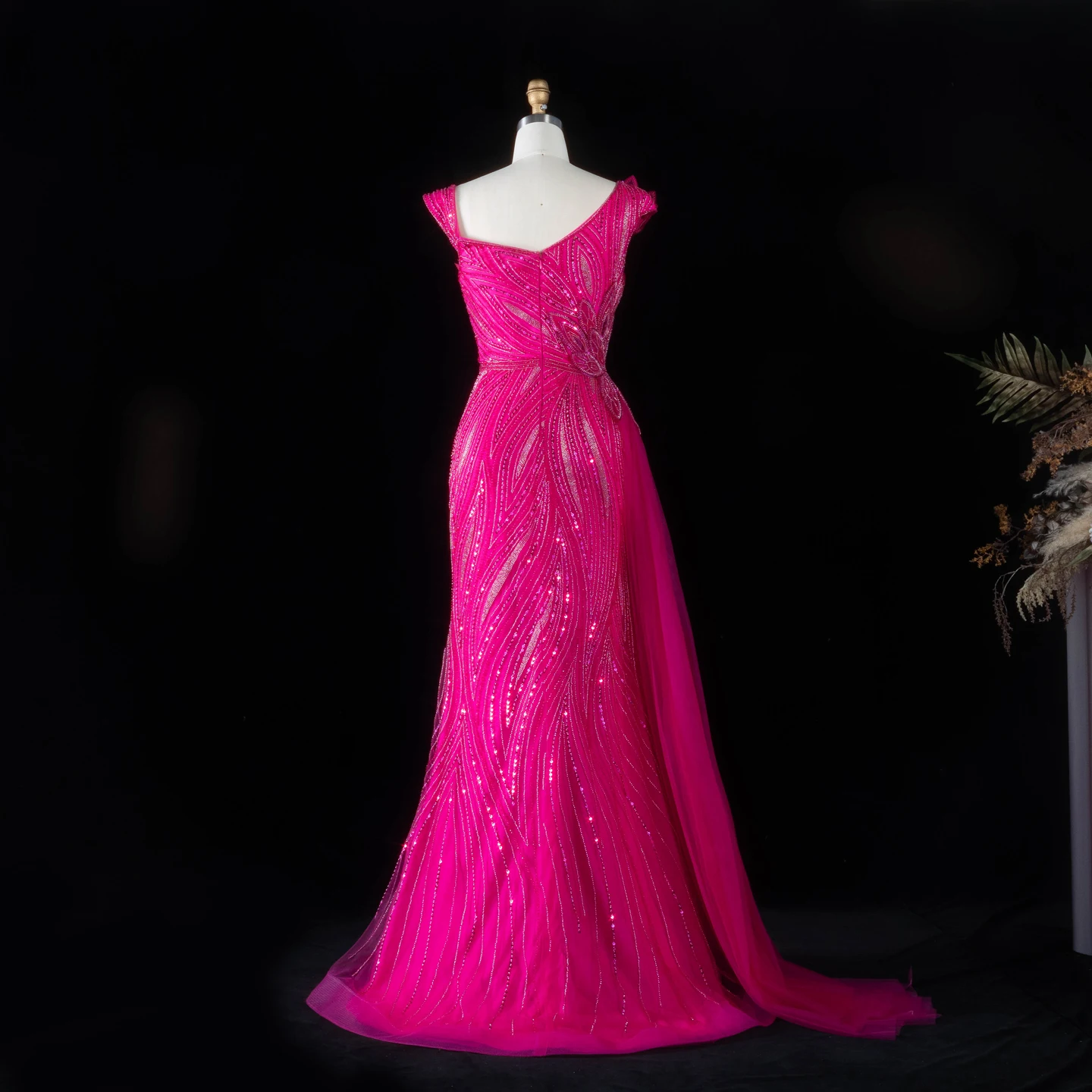 Sharon Said Fuchsia Abendkleid, schulterfrei, 3D-Blattstickerei, seitlicher Tüllfall, Meerjungfrauen-Schnitt, formelle Partykleider, SS106, maßgeschneidert – Detail 11