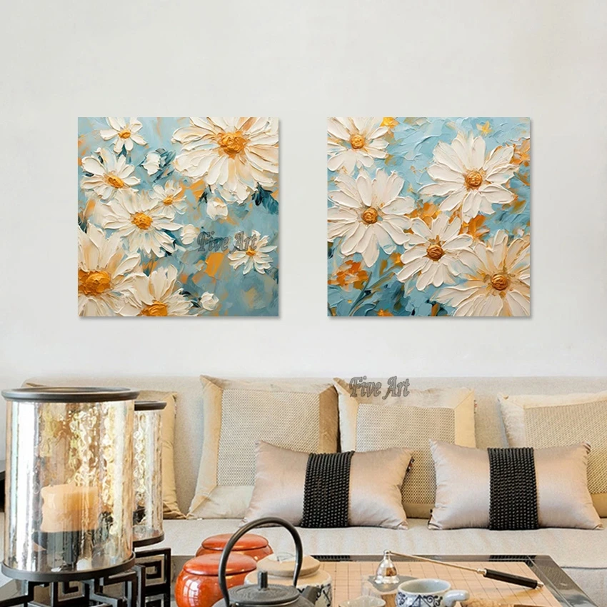 Knife Art Simple Abstract White Flower Oil Painting 2 Piece Canvas Home Decoration Pieces Wall Picture For Restaurant Unframed