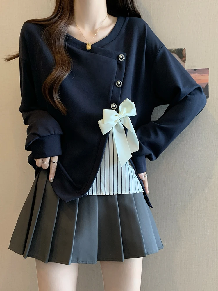 

Женская толстовка Ele Long Sve с узлом, утягивающая, весенне-осенняя, больших размеров, модный топ в корейском стиле с V-образным вырезом