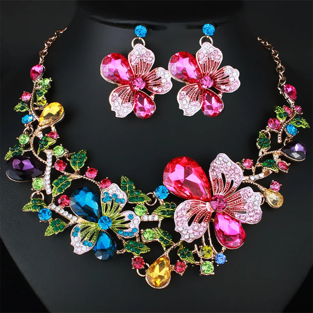 Fashion Bauhinia Flowers Crystal Jewelry Set Multicolor Earrings with Matching Necklace Wedding Necklace Women Jewelry