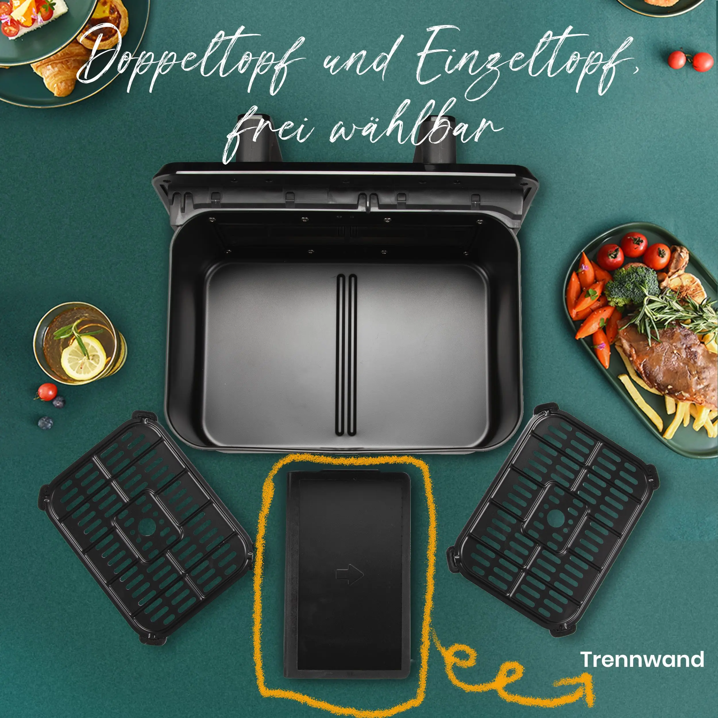 مقلاة هوائية ساخنة 2200 وات سلة مزدوجة 9 لتر XXL مقلاة هوائية متعددة الوظائف مع شاشة LED تعمل باللمس برامج تلقائية قابلة للتوقيت