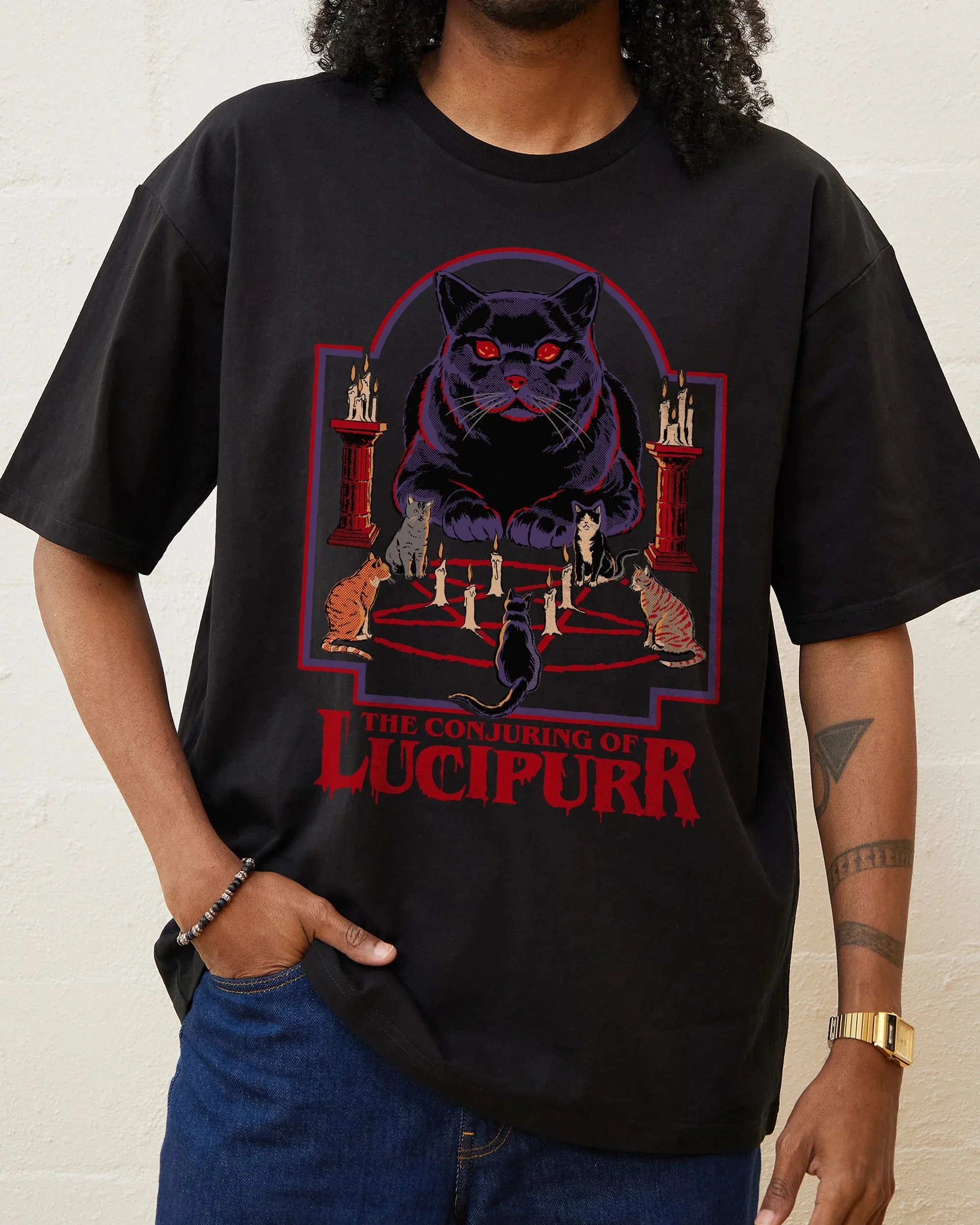 

Dark Cat Occult Conjuring of Lucipurr Cotton T Shirt Graphic for Trendy Outfits and Mystic Halloween Tee All Saints' Day