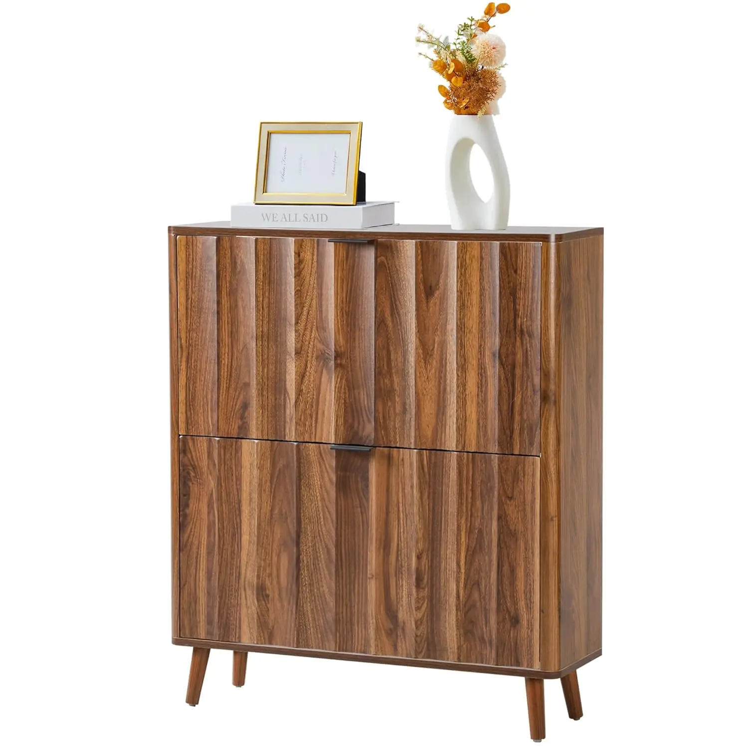 

31.5” Fluted Shoe Cabinet Storage with 2 Flip Drawers,Narrow Freestanding Shoe Storage Organizer,Slim Shoe Rack Cabinet for Entr