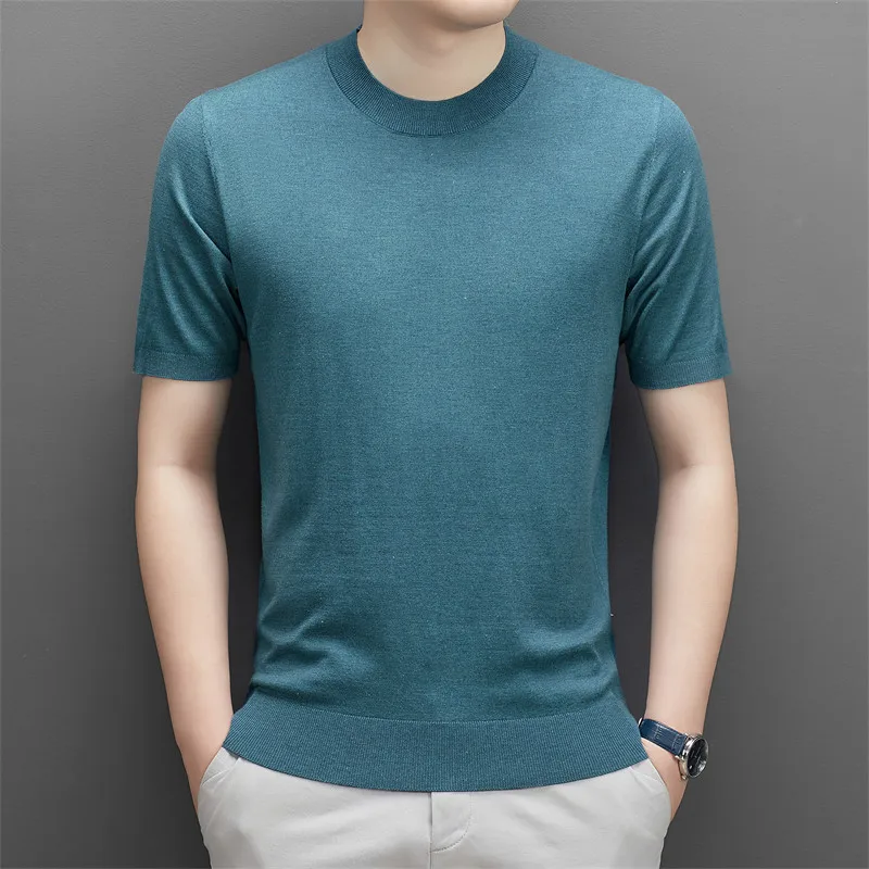 Men's Silk Wool Knit Tees Spring & Autumn Slim Short Sleeve Jumper Male Mock Neck Sheep Wool Knitwear Clothes Tops