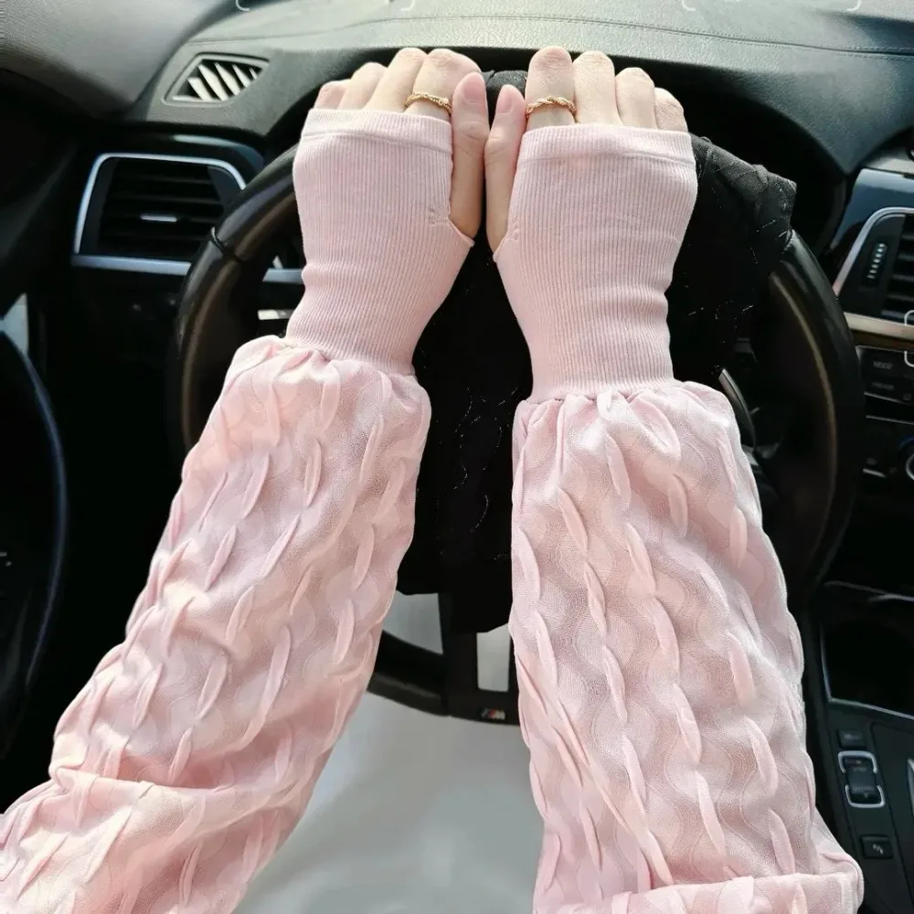 ใหม่จีบสไตล์เก๋ครีมกันแดดสีทึบหลวมขี่ถุงมือผ้าไหมน้ําแข็งBreathableยาวMittensกลางแจ้ง
