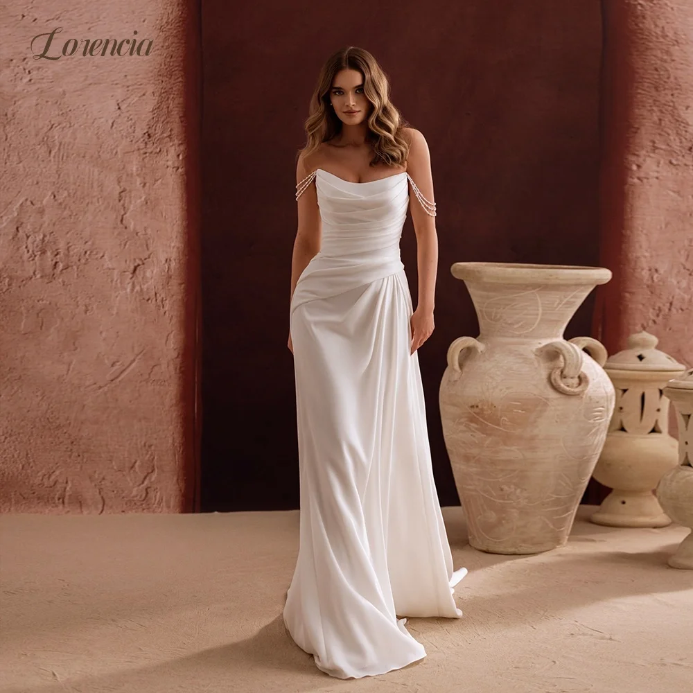 Lorencia Simple Strapless Crepe Fitted Wedding Dresses Off the Shoulder Pearl Straps Soft Satin Bridal Gowns Customized