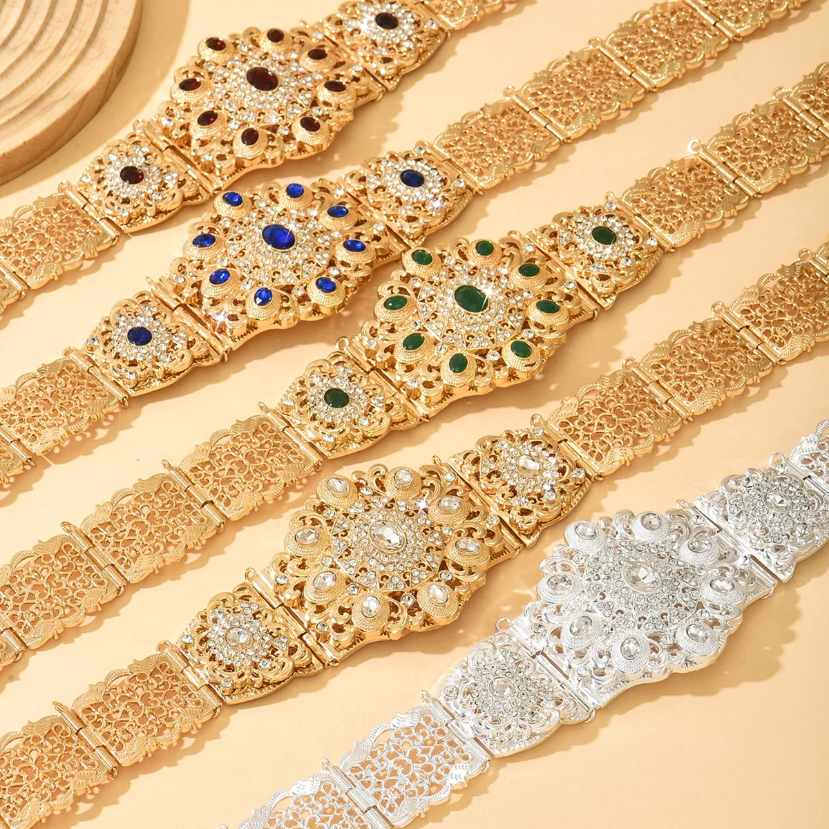 

Luxurious Crystal-Inlaid Hollow-Carved Adjustable Belt, Multi-Color Options, Moroccan Bridal Gown Accessory & Bridesmaid Gift