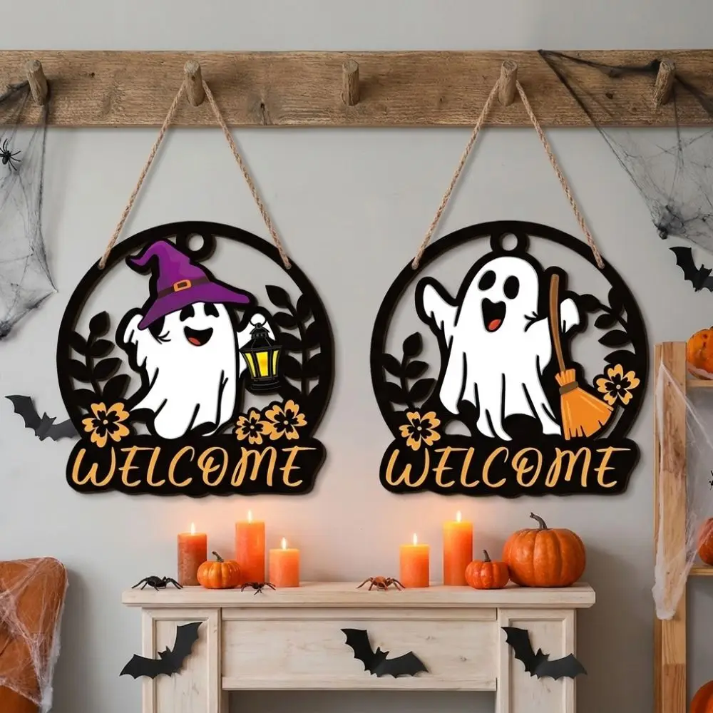 Round Halloween Ghost Door Hanger Cartoon with Witch Hat Ghost Hanging Plaque Rustic Hollow Out Welcome Wooden Wall Sign