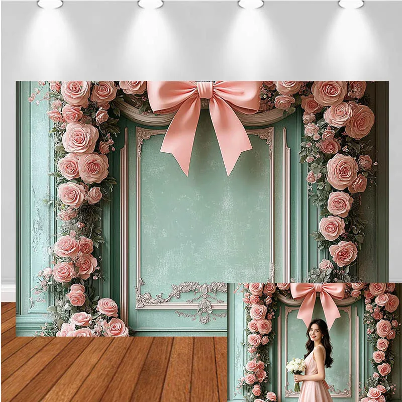 LS Photography Backdrop Floral Green Wall Bow Decor Birthday Wedding Cake Smash Kids Adult Portrait Photo Background Studio