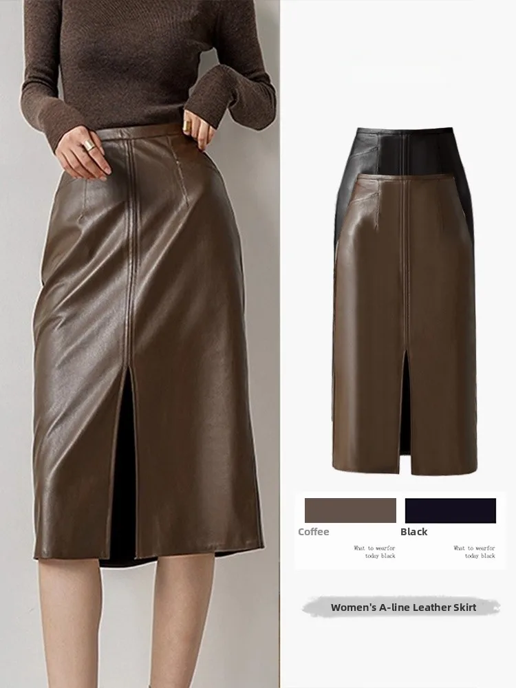 

너 коричневая юбка из искусственной кожи, женская юбка трапециевидной формы средней длины, юбка с запахом спереди и разрезом, повседневная юбка на молнии с высокой талией...