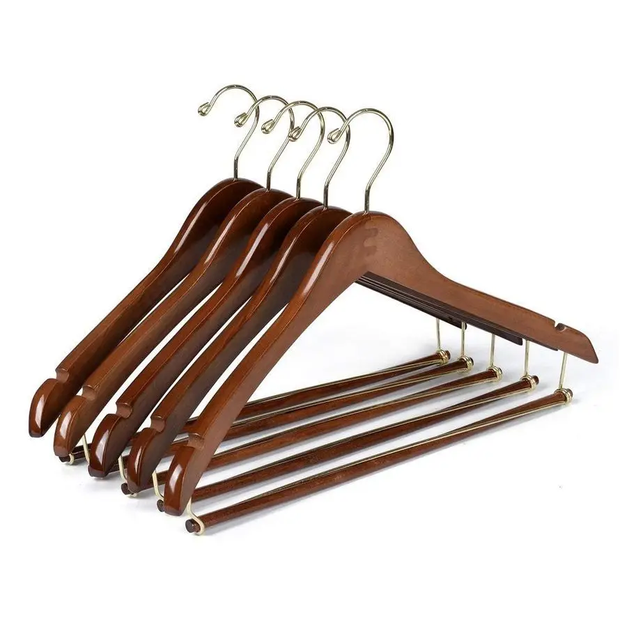 

Curved Wooden Hangers Beautiful Sturdy Suit Coat Hangers with Locking Bar Gold Hooks Walnut Finish 10