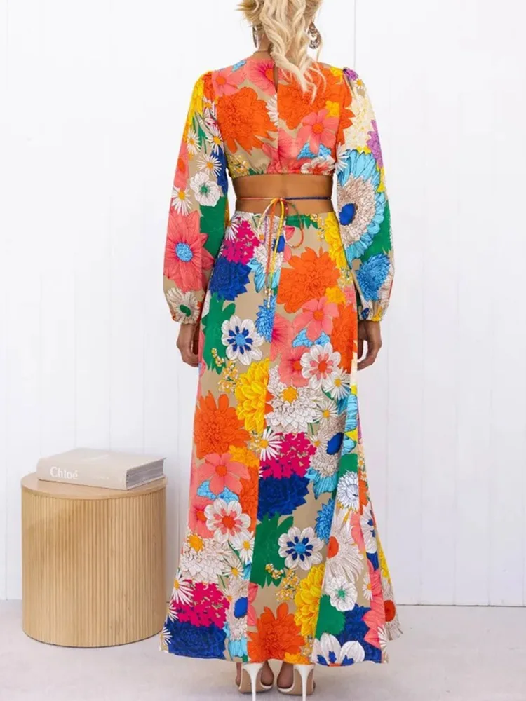 Floral Print Lantern Long Sleeve Cutout Waist Casual Maxi Dress Women