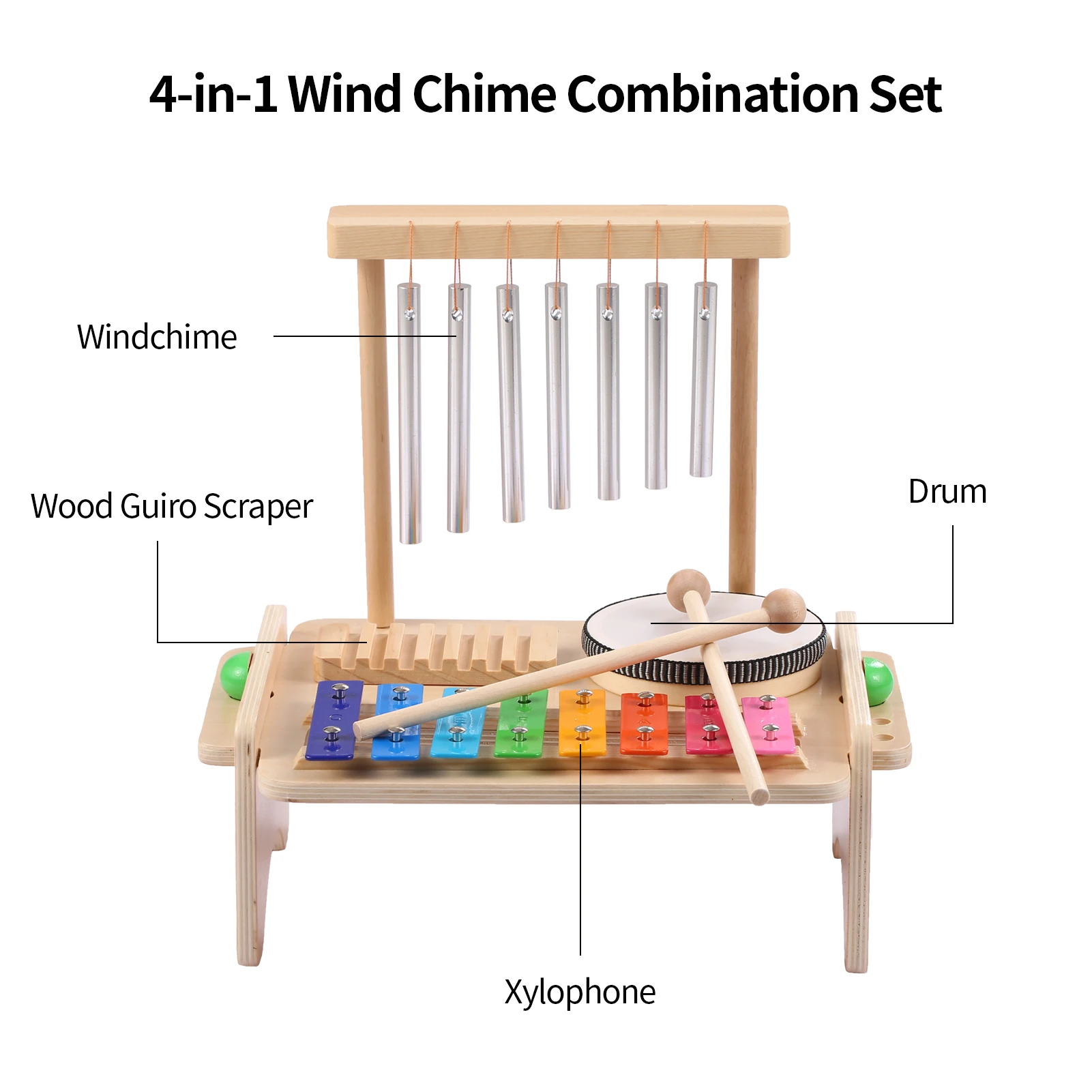 Wind Chime Combination Set Kid Drum Set Windchime Xylophone Drum Wood Guiro Scraper 4-in-1 Musical Instruments Set with 2 Mallet