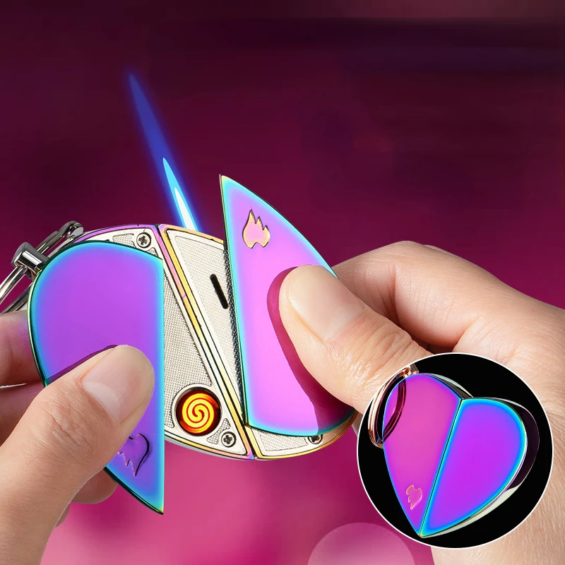 2 in-1 Heart-shaped Gas-electric Dual-purpose Folding Lighter USB Electronic Charging Arc Lighter Flame Butane Gas Lighter Gift