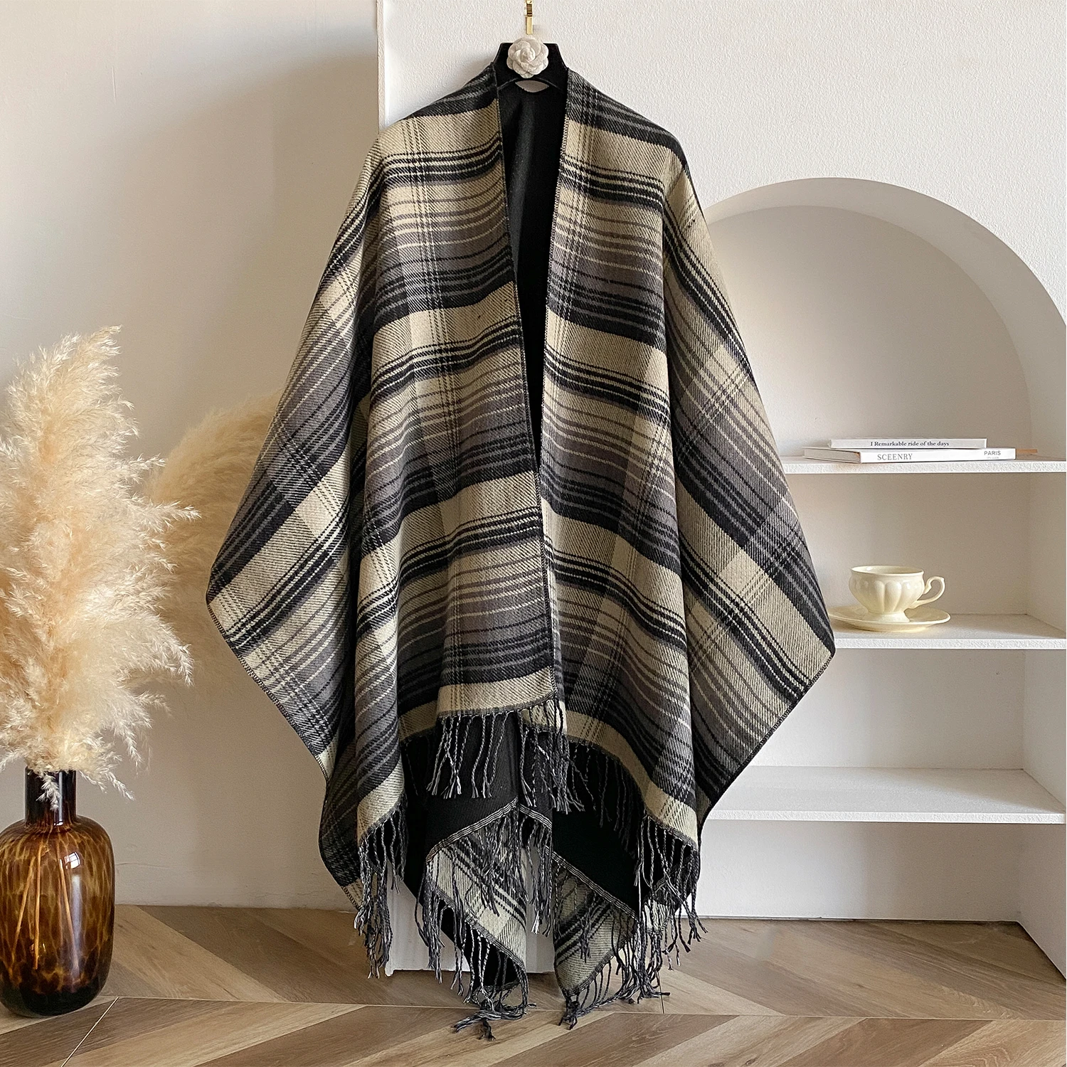 New Design Women Plaid Cashmere Feel Shawl Coat Lady Winter Cape With Retro Cardigan Classic Simple Cloak Soft Large Blanket