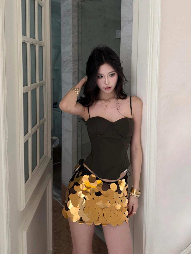 Sexy Black Fishbone Strap Top Women's Spring Summer Heavy Work Sequin High Waist Short Skirt Fashion Set Casual French Style view 5