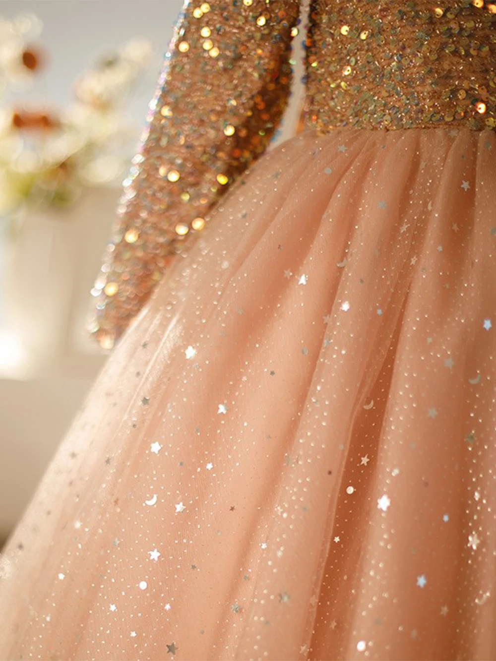 Haut à paillettes à manches longues et jupe bouffante en fil pour filles, robe de cérémonie élégante pour mariage