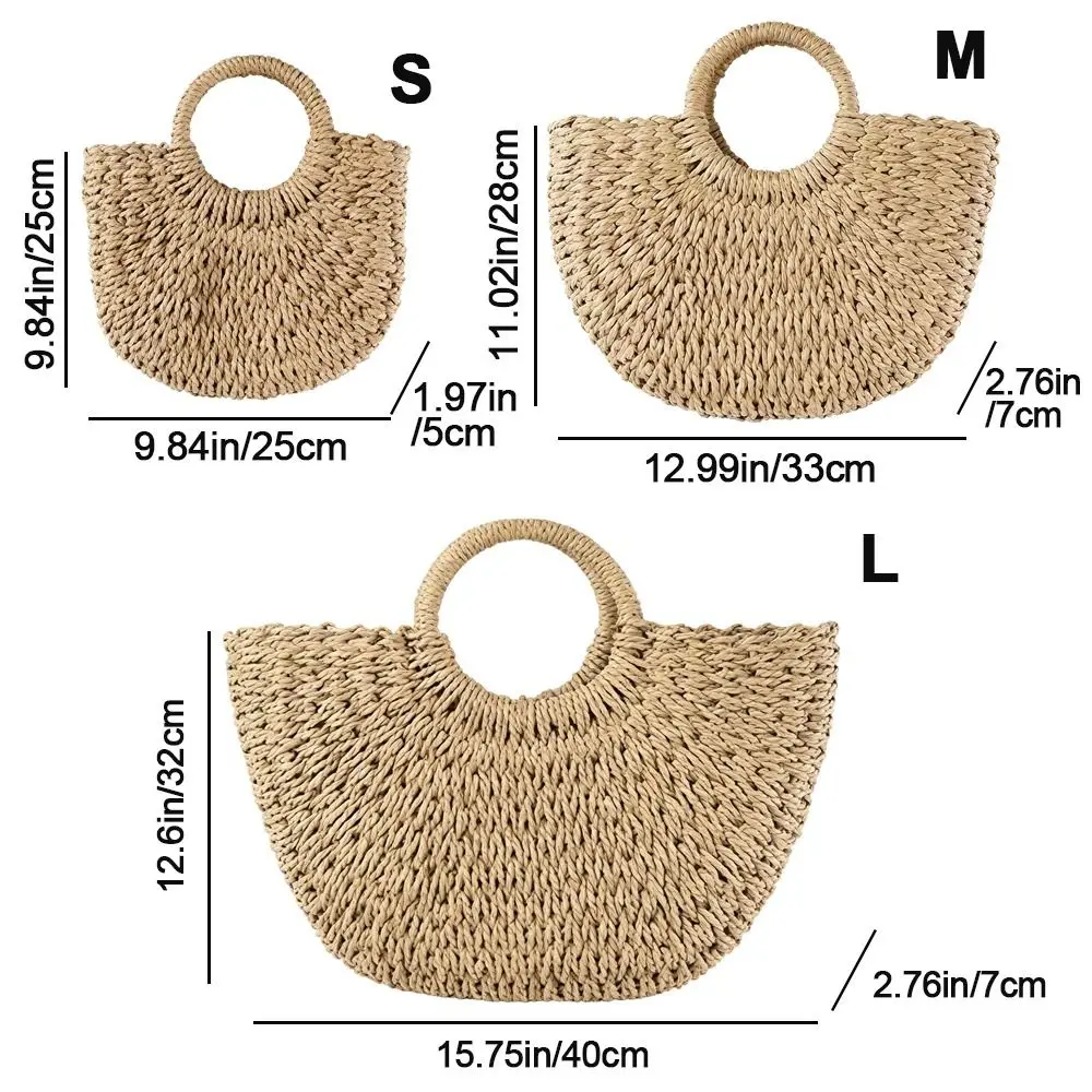 Fashion Hand Woven Straw Woven Handbag Large Tote Crossbody Shoulder Hand Woven Bag Boho Half-Moon Hollow Out Rattan Beach Bag