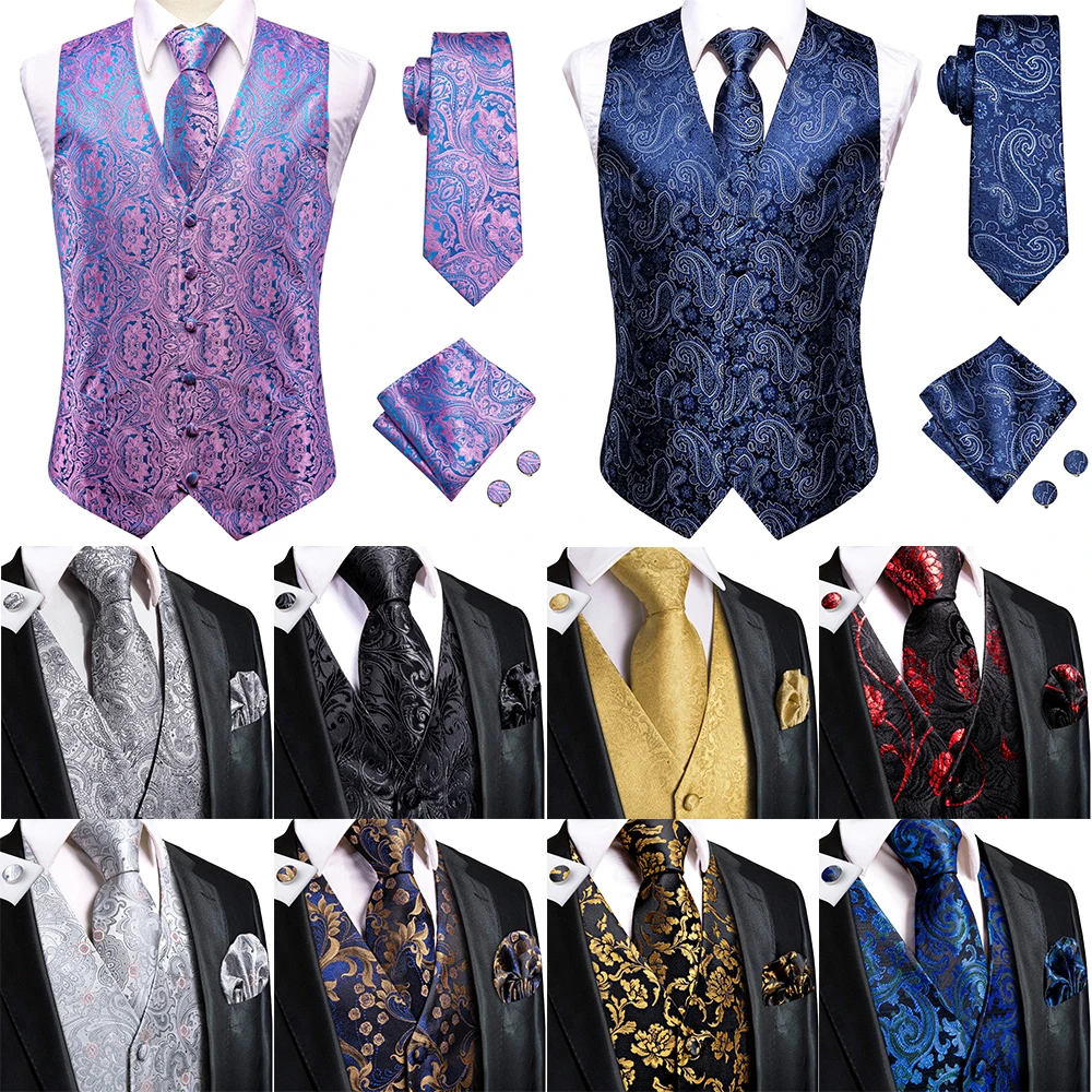 Wedding Purple Silk Men Vest Paisley Slim Fit Necktie Hankerchief Cufflinks Sets Male Sleeveless V-Neck Waistcoat Party Hi-Tie