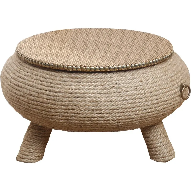 Handwoven Hemp Rope Tatami Table Round Storage Low Floor Desk with Solid Wood Frame for Living Room Balcony