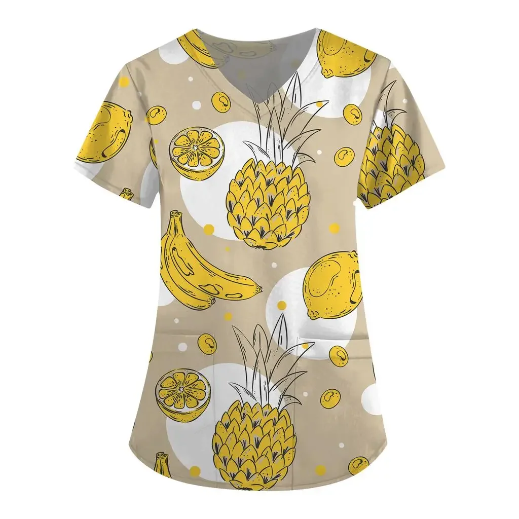 المرأة تي شيرت الفاكهة نمط بلوزات على شكل v جيوب العمل موحدة ممرضة البرتقال ارتداء طباعة فام بلوزة الزي الطبي قمصان #5