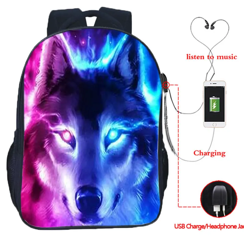 

Mochila Ice Fire Wolf USB Backpack Teenager Animal Canvas School Bag Men USB Charging Travel Rucksack Large Capacity Laptop Bags