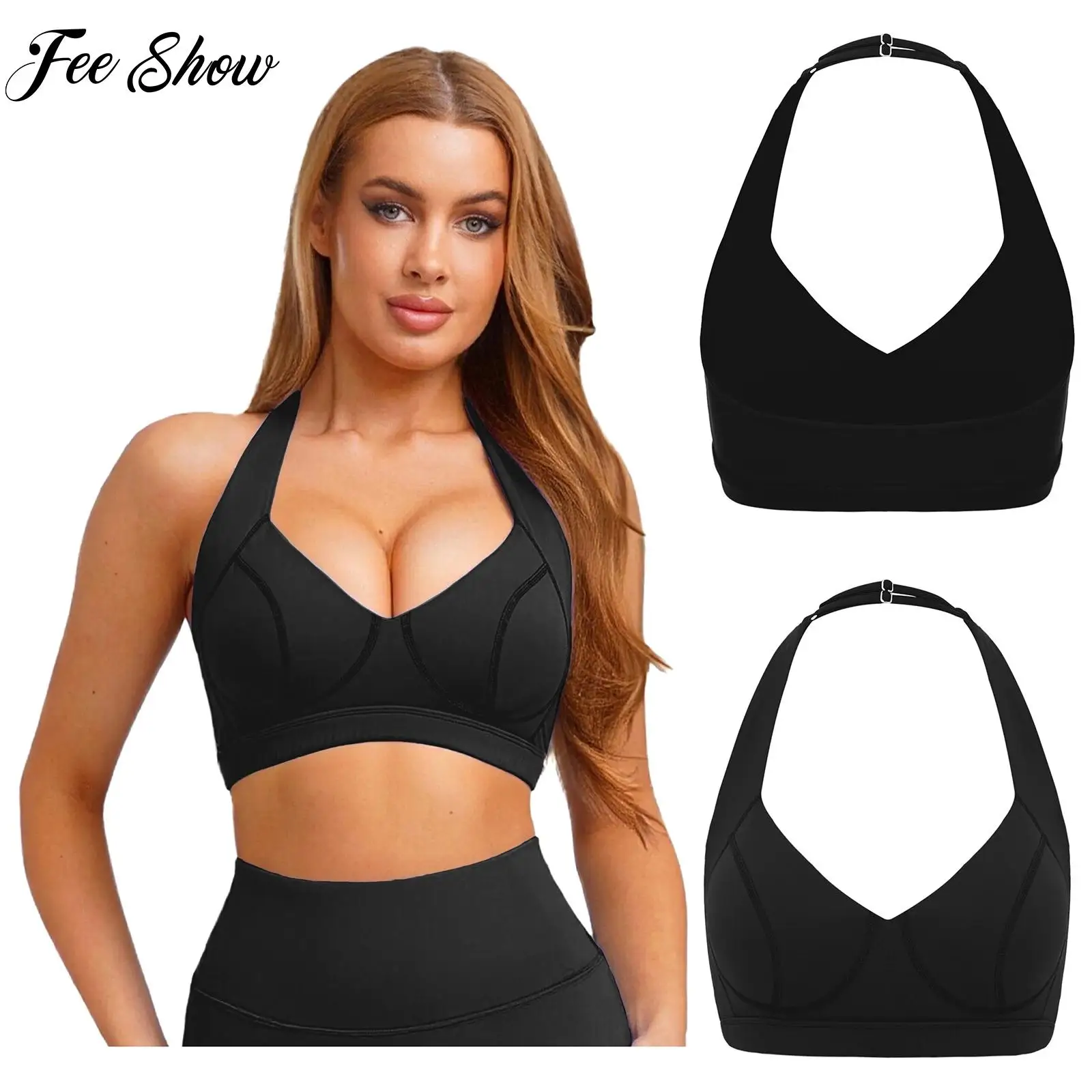 

Womens Breathable Sports Bra Adjustable Halter Padded Bra V-Neck Backless Vest Moisture-Wicking Athletic Workout Gym Yoga Tops
