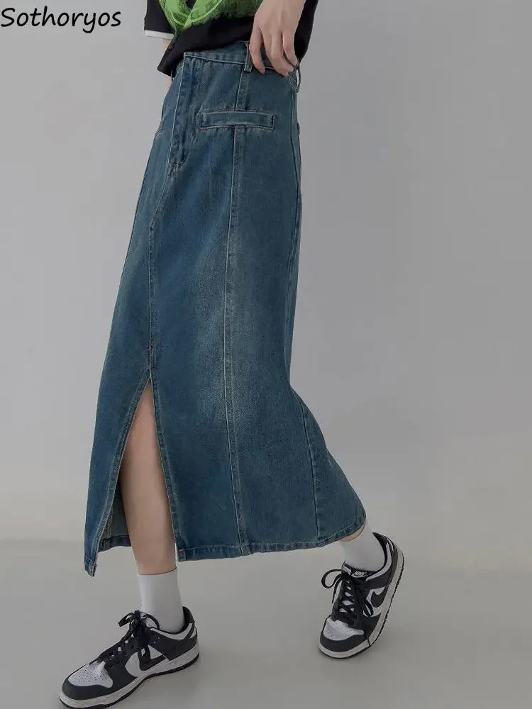 

Denim Skirts Women Vintage Side-slit Design Fashion A-line Korean Style Empire Summer Female Student Solid Simple All-match New