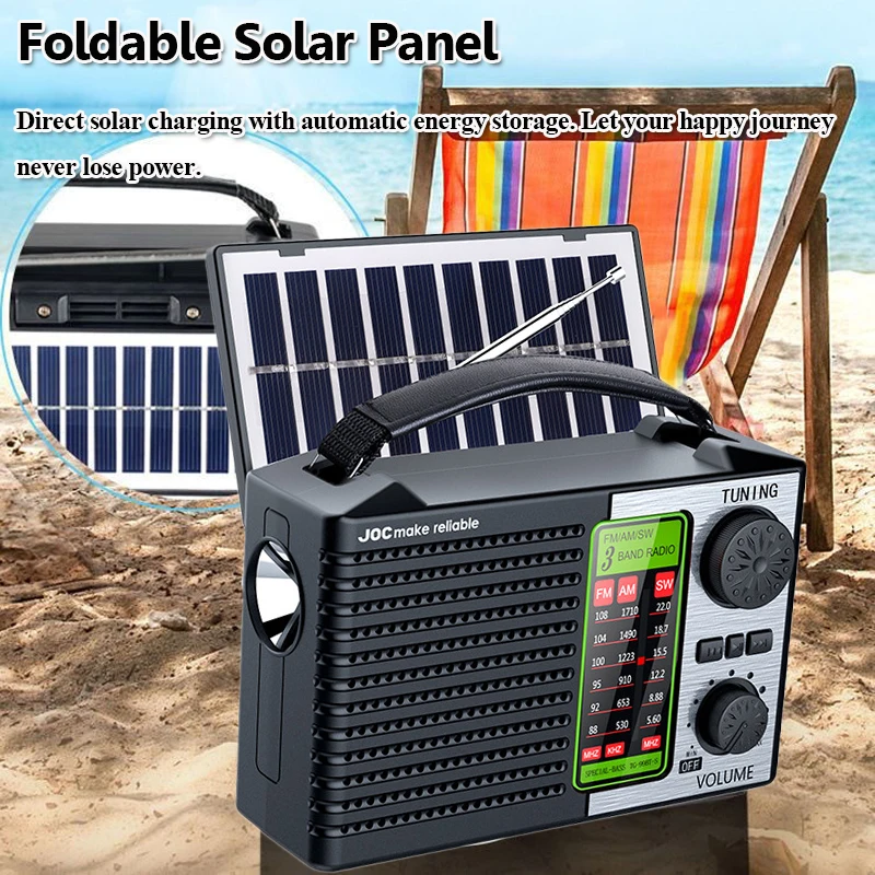 Portable Full Band Radio Solar Power FM AM SW Radios Wireless Bluetooth Music Player with Strong LED Light Rechargeable Battery