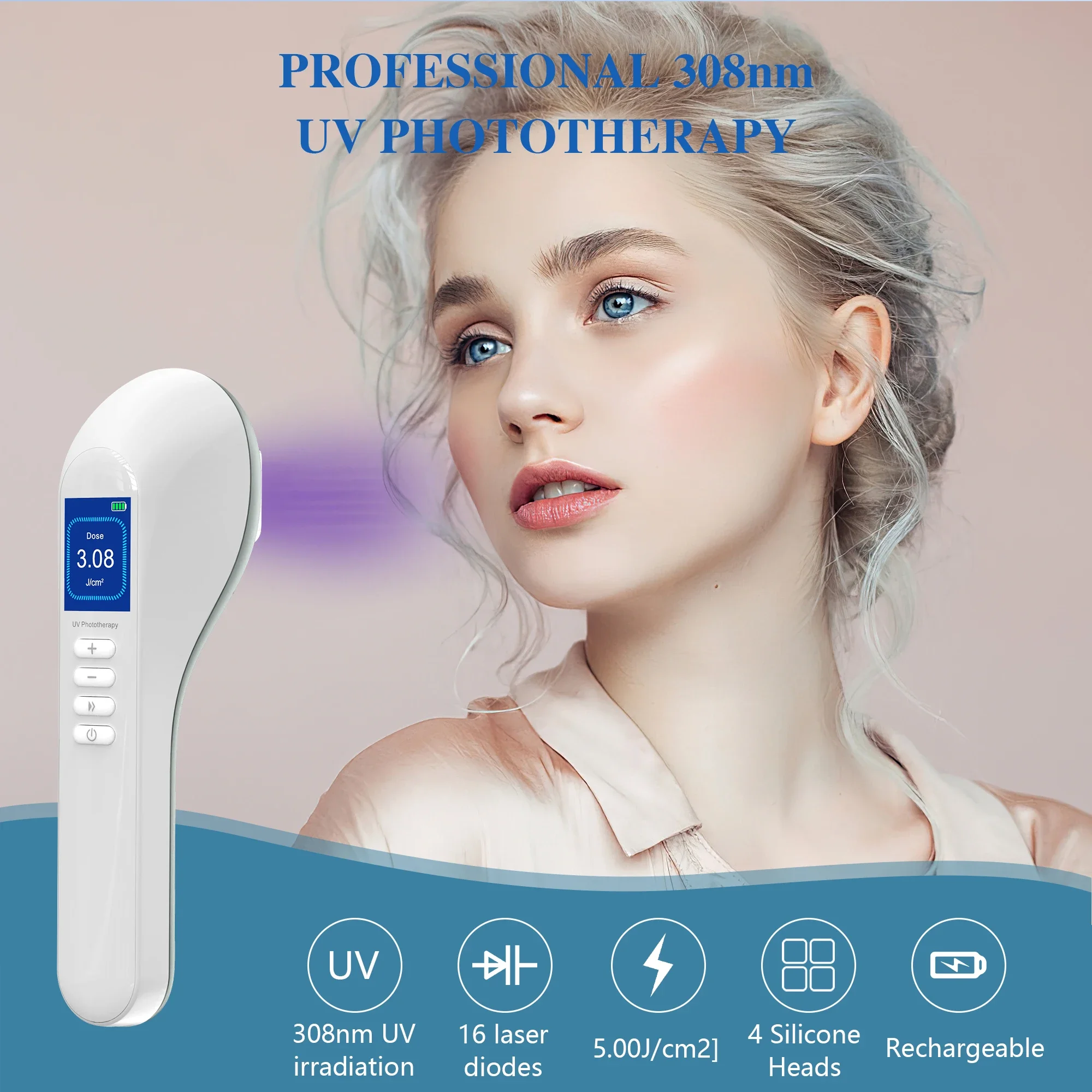 308nm Household Ultraviolet Phototherapy Instrument, Vitiligo Treatment, UVB Lamp Laser for Therapy, Psoriasis, Skin Disease