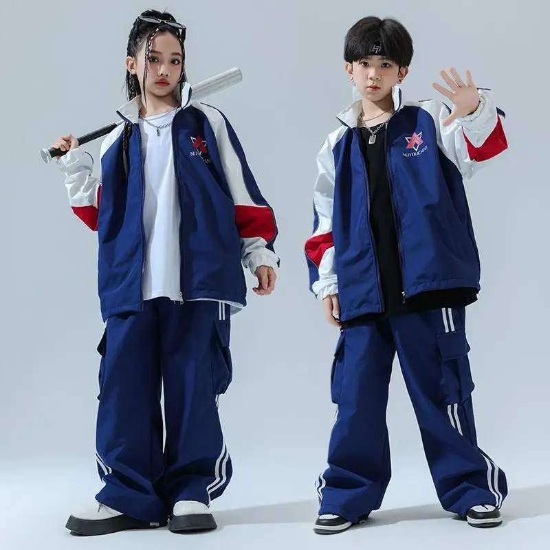 

Kid Cool Hip Hop Clothing Navy Blue Zip Up Windbreaker Jacket Coat Top Casual Wide Pants for Girl Boy Jazz Dance Costume Clothes