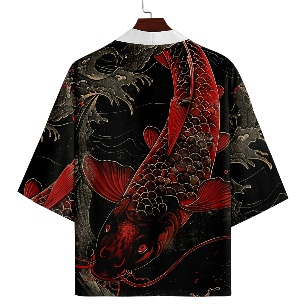 

Японская уличная одежда Ukiyo-e с принтом карпа Хаори, летний пляж, мужское и женское кимоно, модный кардиган, топы