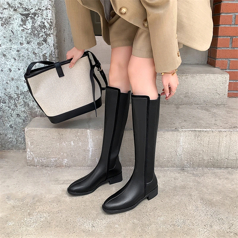 Meotina Women Genuine Leather Knee High Boots Round Toe Block High Heel Zipper Ladies Long Boot Autumn Winter Shoes Brown 40