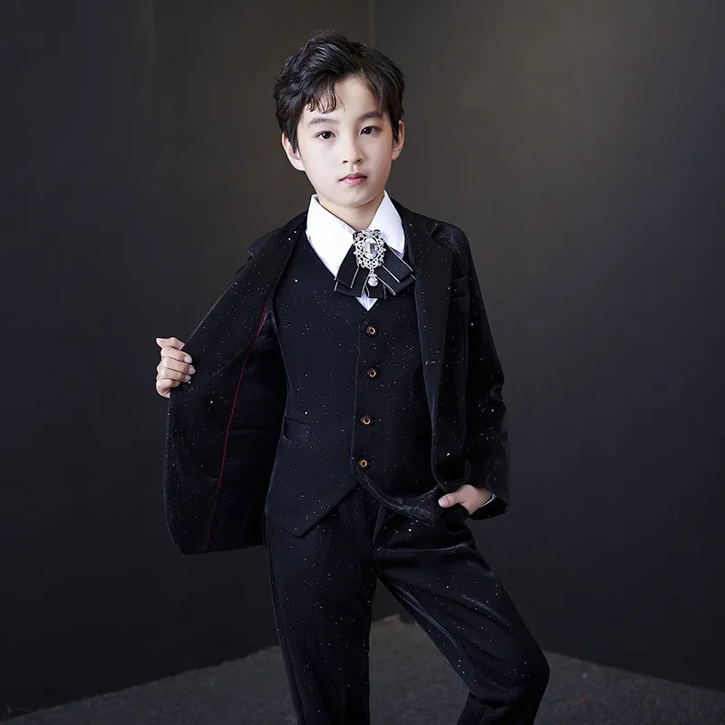 

Men Suits Boy Child Performance Black and Bright Stars Gown Boy Preside Piano England Perform Suits Vest