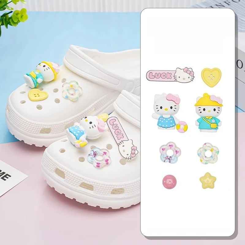 

MINISO 8 шт. летние пляжные подвески «Hello Kitty» для сандалий, 3D фигурки, украшения, подвеска для обуви, пряжка, сделай сам, аксессуары для обуви допамина