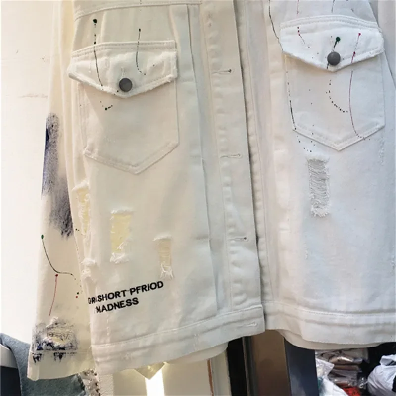 Black White Denim Jacket Women Back Letter Embroidery Print Cowboy Outerwear Loose Short Holes Big Pocket Jeans Jacket Female