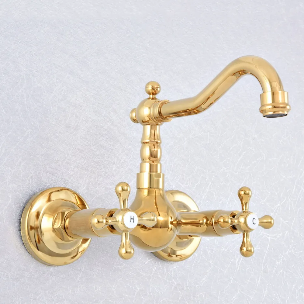 

Polished Gold Color Brass Bathroom Kitchen Sink Basin Faucet Mixer Tap Swivel Spout Wall Mounted Dual Cross Handles msf617